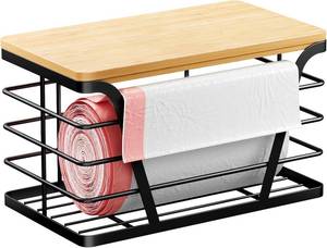 lot 5069 image: Small Grocery Bag Holder, Trash bag holder with Removable Bamboo Top, Wall Mount, No Drill, Stainless Steel, Black