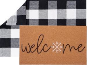 lot 5085 image: 2 Pcs Winter Snowflake Welcome Door Mats, Doormats with Layered Plaid Rug, Christmas Front Door Rugs for Entrance Porch Winter Holiday Outdoors Decor 17 x 29 Inch (Welcome Snowflake)
