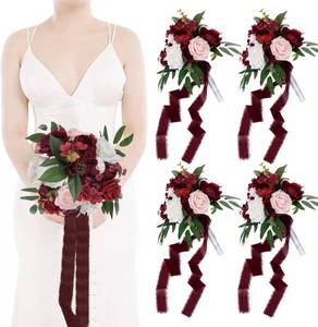 lot 5090 image: BLOSMON Bridesmaid Bouquets Set of 4-9 Burgundy Red & Blush Artificial Rose Bridal Bouquet - Faux Silk Floral Arrangement for Wedding Ceremony Event Decoration