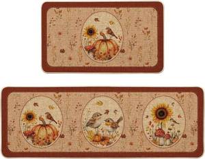 lot 5098 image: Artoid Mode Vintage Mushroom Bird Pumpkin Fall Kitchen Mats Set of 2, Autumn Home Decor Low-Profile Kitchen Rugs for Floor - 17x29 and 17x47 Inch