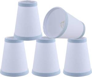 lot 5099 image: Aspen Creative 51057-5, Hardback Empire Transitional Clip-On Chandelier Shade, White Linen Fabric with Light Blue Trim on Top and Bottom, 2-12 Top x 4 Bottom x 5 Slant, Set Of 5