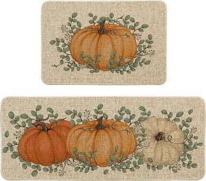 lot 5111 image: Artoid Mode Orange Pumpkin Eucalyptus Fall Kitchen Mats Set of 2, Autumn Home Decor Low-Profile Kitchen Rugs for Floor - 24x35 and 24x59 Inch