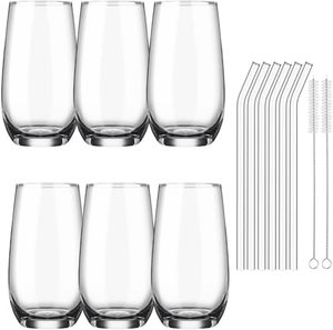 lot 5126 image: 17.5 OZ Drinking Glasses Set of 6, ,Bent straw Set of 6 with 2 Cleaning Brush,Perfect for Smoothies,Juice Crystal Water Glasses,Tall Glass Cups,Highball Glass for Cocktail,Kitchen and Bar Glassware