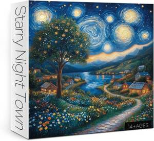 lot 5128 image: Art Starry Night Landscape Puzzles for Adults 1000 Pieces, Challenging Van Gogh Plant Tree Wildflower Jigsaw Puzzles, Aesthetic Painting Nature Floral Moon Town Village Puzzle