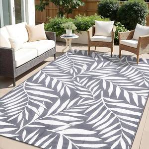 lot 5147 image: OLANLY Waterproof Outdoor Rug 5x8 ft, Reversible Outdoor Plastic Straw Rug with Leaf Pattern, RV Mat, Indoor Outdoor Carpet for Patio, Camping, Balcony, Deck, Backyard, Grey & White