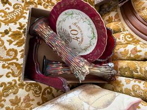 lot 1208 image: Carnival Glass Bowl Vases, Plate & Stand--FR