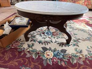 lot 1215 image: Marble Top Wood Coffee Table--FR