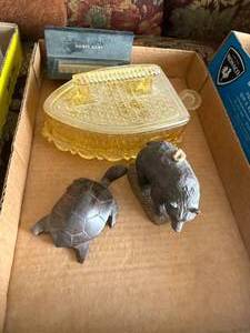 lot 1229 image: Vintage Glass Iron Shaped Dish & Miscellaneous Decor--FR