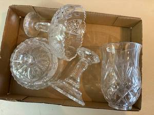 lot 1033 image: Pressed Glass x4 Pieces (Butter Dish, vase, candy dish & candle stick)--BP