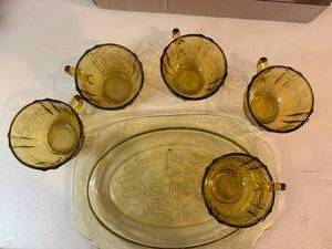 lot 1036 image: Amber Madrid Depression Glass Platter & 5 cups--BP