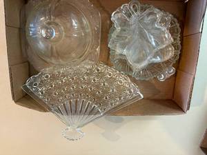 lot 1037 image: Various Glassware x6 pcs. (butter dish, fan & 3 small leaf bowls)--BP