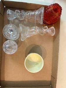 lot 1040 image: Small Frankoma Bowl, Candlesticks & Misc. Glassware--BP