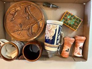 lot 1047 image: Box of Misc. Coffee Cups, Salt & Pepper Set & Beer Stein--BP