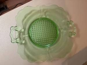 lot 1049 image: Uranium Glass Sandwich Plate w Handles (green)--BP