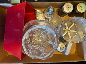 lot 1056 image: Kitchen Utensils w Salt and Pepper sets & Two (2) Glass Bowls--K
