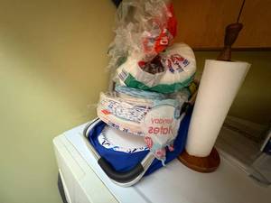 lot 1094 image: Paper Plates, Paper Towels w wood holder, Basket Carrier--LRY