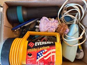 lot 1133 image: Box of Utility Room Items (Flashlight, Pocket Knives & More)--BP