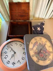 lot 1151 image: Clock, Thermometer, America Flag & Wood Box--LR