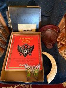 lot 1163 image: Treasure of Czars Book, Wall Shelf, Carved Tusk Horn & Acrylic Butterfly--LR