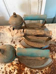 lot 1345 image: Blue Gals Kerosene Fired Flat Irons x3--Gar