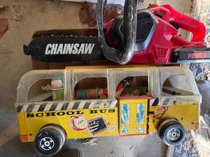 lot 1356 image: Vintage Fisher Price School Bus w People & Toy Chainsaw--Gar