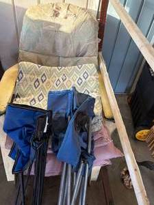 lot 1367 image: Quilting Rack, Plastic Patio Chair & Two (2) Lawn Chairs--Gar