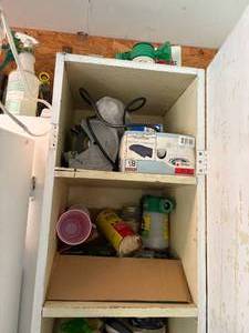 lot 1381 image: Contents of Cabinet (Miscellaneous Garden, Bench Grinder & Chemicals)--Gar
