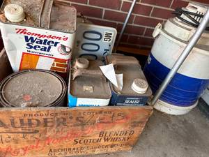 lot 1414 image: Wooden Whiskey Box w Miscellaneous Shop Cleaners -- Gar
