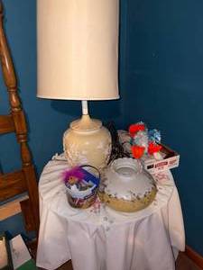 lot 1181 image: Embroidered Round Table Cloth, Lamp, Hanging Lamp, Brief Case & Miscellaneous--NBRM