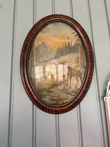 lot 1300 image: Antique Oval Elk Picture w Curved Glass--BP