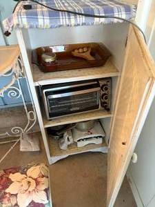 lot 1301 image: Wood Cabinet w Kitchen Ware, Electric Oven, Baking Dish & More--BP