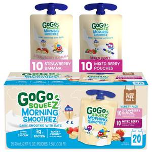lot 1047 image: GoGo squeeZ Morning smoothieZ Variety Pack, Mixed Berry & Strawberry Banana, 3 oz (Pack of 20), Gluten Free Yogurt, Fruit and Oat Smoothie Snacks for Kids, No Preservatives, No Fridge Needed, BPA Free Squeeze Pouches