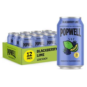 lot 1069 image: Popwell Blackberry Lime Better-For-You Prebiotic Soda, with 6g Fiber, 1g Sugar, Vitamins and Immunity Support, 12 fl oz Cans (pack of 12) (NO VISIBLE DATE)
