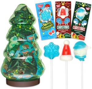 lot 1158 image: 45 Pack Christmas Lollipops ndividually Wrapped Packed In A Tree Jar Holiday Themed Hat, Snowman, Snowflake Suckers Strawberry, Tutti Frutti, Blue Raspberry Flavors