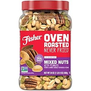 lot 1197 image: Fisher Snack Oven Roasted Never Fried Mixed Nuts with Peanuts, 24 Ounces, Peanuts, Almonds, Cashews, Pistachios, Pecans, Made With Sea Salt, Non-GMO, No Oils, Artificial Ingredients or Preservatives