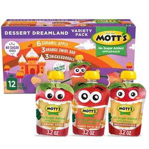 lot 1298 image: Motts No Sugar Added Dessert Dreamland Applesauce Pouches Variety Pack Caramel Apple Orange Swirl Bar &amp Snickerdoodle - 38.4oz12ct