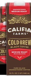 lot 1467 image: 2 PK Califia Farms - Pure Black Medium Roast Cold Brew Coffee, 32 Oz 100% Arabica, Shelf Stable, Plant Based, Vegan, Gluten Free, Non GMO, Sugar Free, Iced Coffee&nbsp
