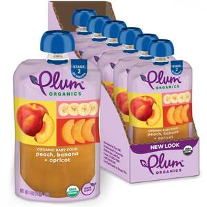 lot 1510 image: Plum Organics Stage 2 Organic Baby Food - Peach, Banana, and Apricot - 4 oz Pouch (Pack of 6) - Organic Fruit and Vegetable Baby Food Pouch
