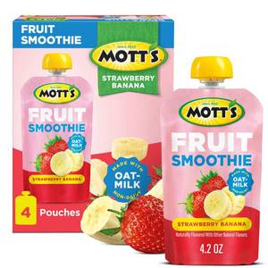 lot 1551 image: Motts Fruit Smoothies Strawberry Banana, 4.2 oz clear pouches, 4 Pack, Non-dairy, Made With Oatmilk, Made With Real Fruit, Good Source of Calcium, On-the-Go