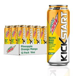 lot 1562 image: Mountain Dew Kickstart, Pineapple Orange Mango, 90mg Caffeine, Vitamins B & C, 80 Calories, 10% Juice, 16 fl oz (Pack of 12)