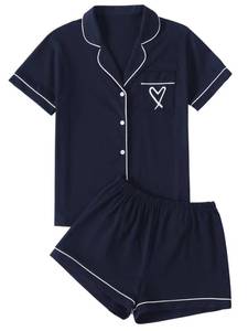 lot 1609 image: LYANER Womens Pajamas Set Heart Print Button Short Sleeve Shirt with Shorts Sleepwear PJs Set Navy Blue X-Small - Retail $27