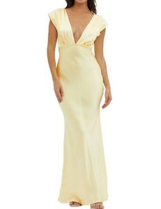 lot 1614 image: Halfisland Womens Summer Satin V Neck Cap Sleeve Backless Maxi Dress Elegant Twist Cut Out Midi Dresses Wedding Guest Yellow Small - Retail $50