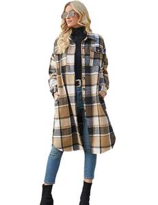 lot 1615 image: PUWEI Womens Casual Lapel Button Down Long Plaid Shirt Coat Tartan Shacket Jacket(1370-Brown-S) - Retail $30