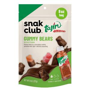 lot 1636 image: Snak Club Tajin Chocolatey Gummy Bears, Assorted Chocolate Covered Fruit Candy Gummies with Chili and Lime Seasoning, Mild, Gluten-Free Snacks, 8 oz Resealable Bag