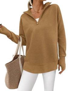 lot 1675 image: PRETTYGARDEN Womens Long Sleeve Quarter Zip Pullover Sweater Casual Loose V Neck Collared Ribbed Knit Jumper Tops Thumb Hole(Khaki,Large) - Retail $45