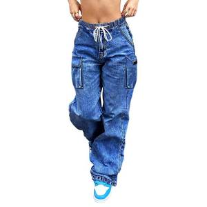 lot 1680 image: AprPith Mid Rise Cargo Jeans Women Elastic Waist Stretch Wide Leg Denim Pants with Pockets Baggy Streetwear Pants y2k Dark Blue XL - Retail $30