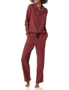 lot 1697 image: Amazon Essentials Womens Flannel Long-Sleeve Button Front Shirt and Pant Pajama Set, Black Red Mini Buffalo Plaid, Medium - Retail $21