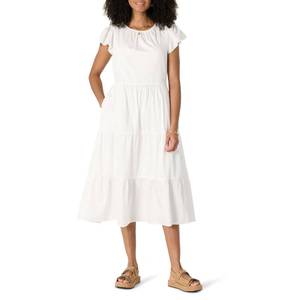 lot 1698 image: Amazon Essentials Womens Relaxed-Fit Cotton Sateen Crewneck Tiered Midi Dress, White, XX-Small - Retail $28
