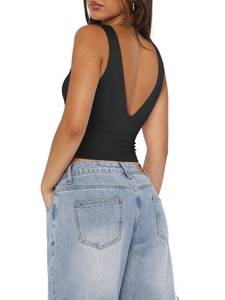 lot 1713 image: REORIA Womens Summer Sexy Plunge Deep V Neck Sleeveless V Backless Tank Top Double Lined Workout Yoga Crop Tops Black Large - Retail $25