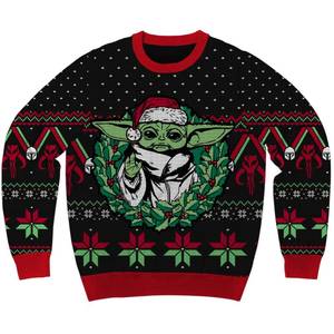 lot 1725 image: Star Wars The Mandalorian Grogu Wreath Holiday Christmas Sweater Licensed (Medium) Black - Retail $50